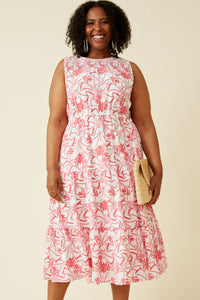 HY6923W Pink Plus Tropical Floral Smocked Yoke Dress Front