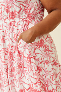 HY6923 PINK Womens Tropical Floral Smocked Yoke Dress Back