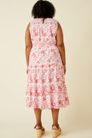 HY6923W Pink Plus Tropical Floral Smocked Yoke Dress Pose