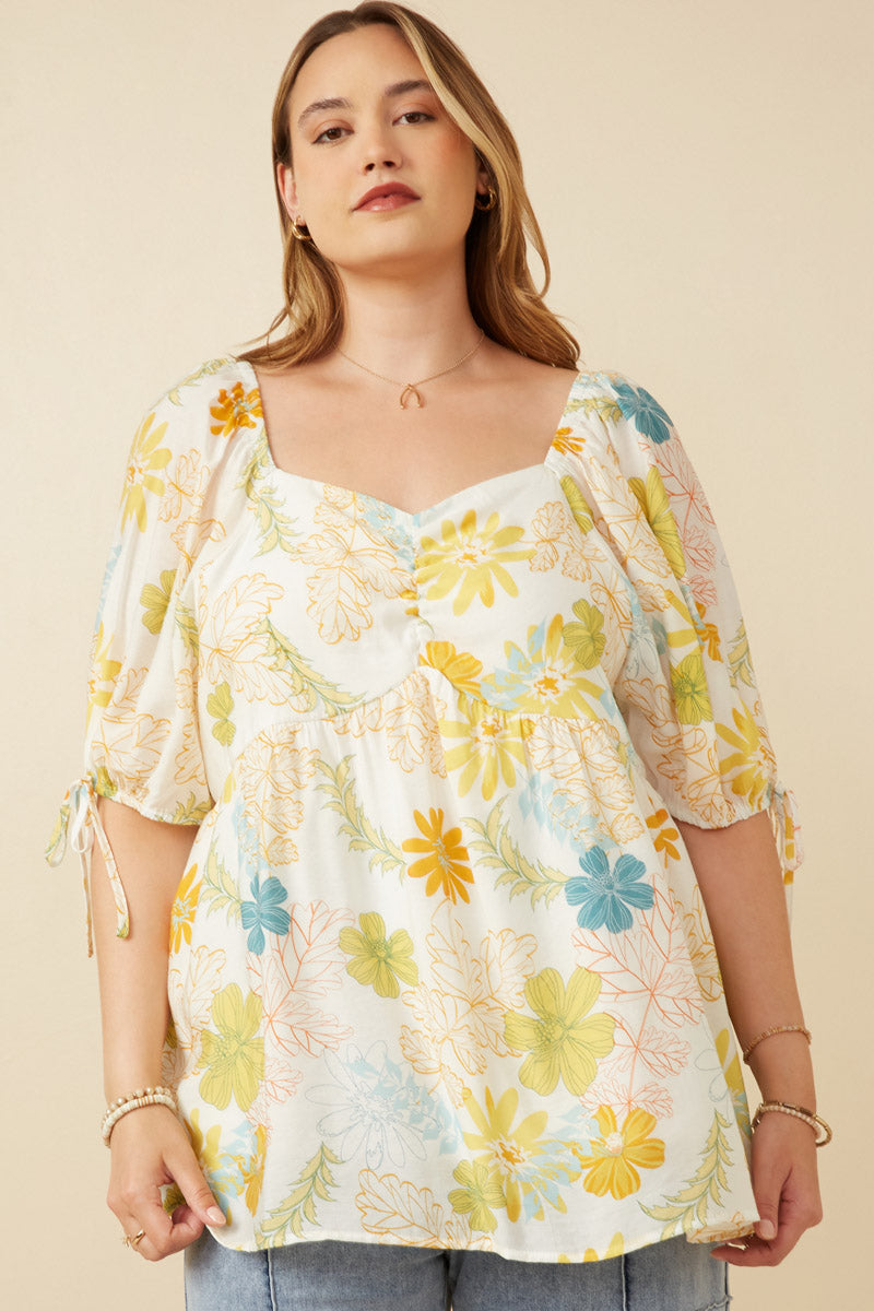 Textured Botanical Print Shirred Front Top