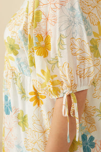 HY6926W Off White Plus Textured Botanical Print Shirred Front Top Full Body