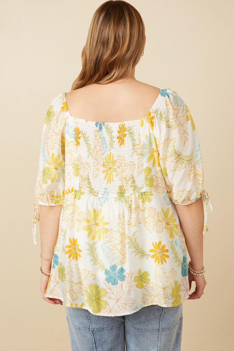 HY6926W Off White Plus Textured Botanical Print Shirred Front Top Detail