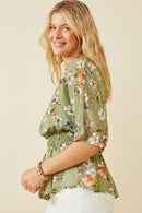 HY6927 SAGE Women Floral Smocked Waist V Neck Dolman Side