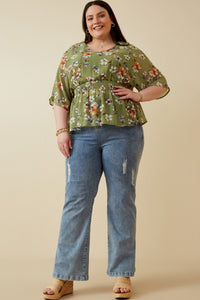 HY6927W Sage Plus Floral Smocked Waist V Neck Dolman Gif