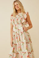 HY6932 SAGE Women Floral Smocked Panel Ruffle Detail Dress Front 3