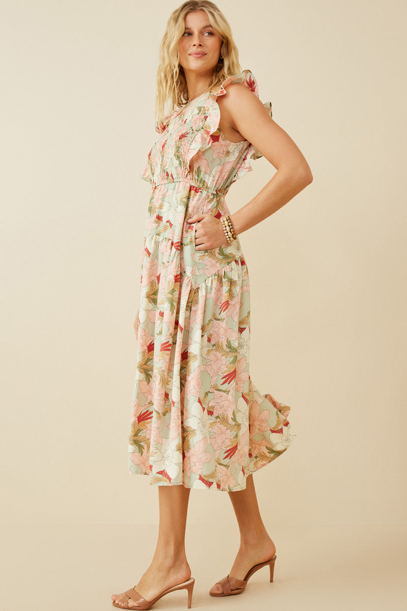 HY6932 SAGE Women Floral Smocked Panel Ruffle Detail Dress Side