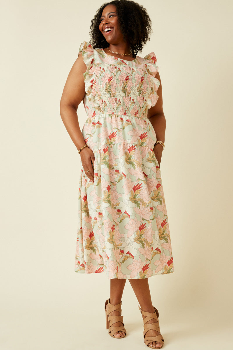 Floral Smocked Panel Ruffle Detail Dress