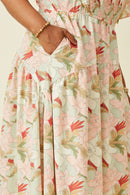 HY6932W Sage Plus Floral Smocked Panel Ruffle Detail Dress Detail