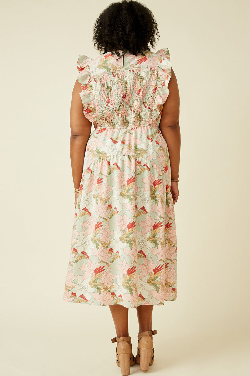 HY6932W Sage Plus Floral Smocked Panel Ruffle Detail Dress Back