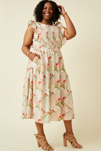 HY6932W Sage Plus Floral Smocked Panel Ruffle Detail Dress Full Body 2