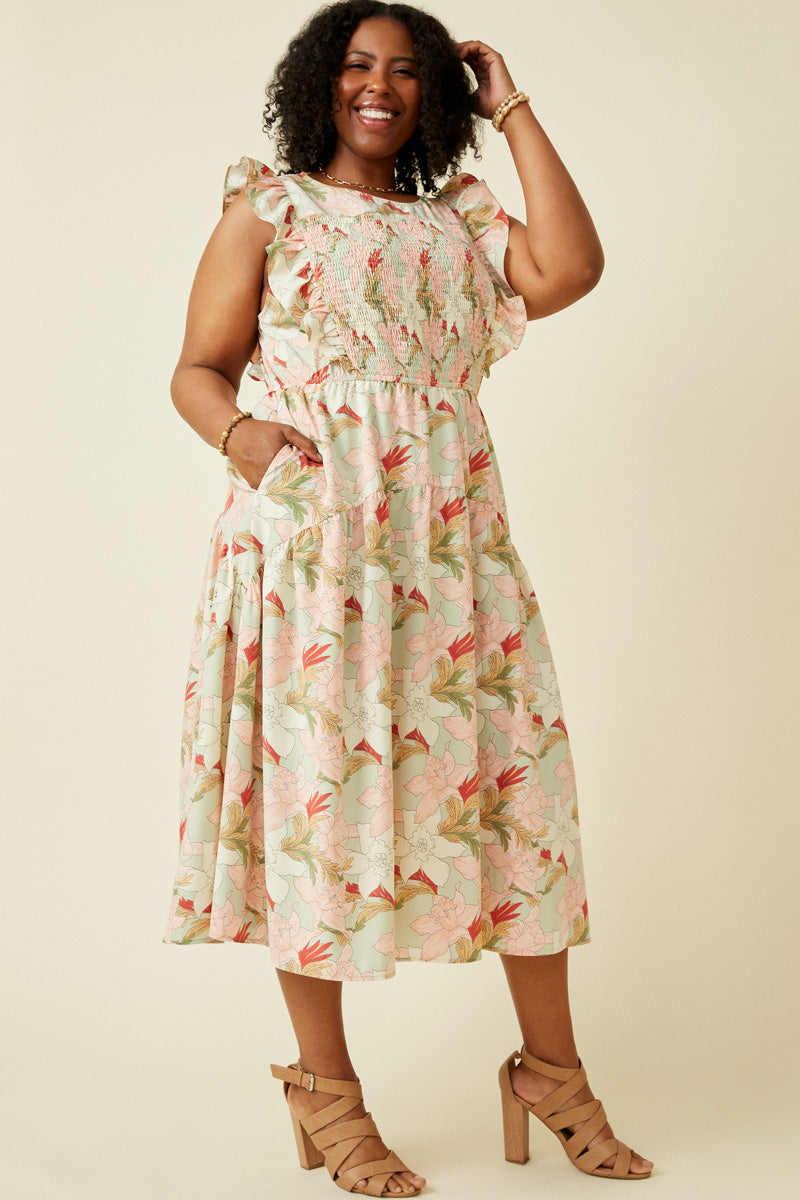 HY6932W Sage Plus Floral Smocked Panel Ruffle Detail Dress Full Body 2
