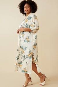 HY6933 Cream Womens Satin Floral Open Duster Full Body