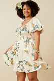 HY6934 CREAM Womens Romantic Floral Smocked Sheen Dress Pose