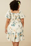 HY6934W Cream Plus Romantic Floral Smocked Sheen Dress Detail