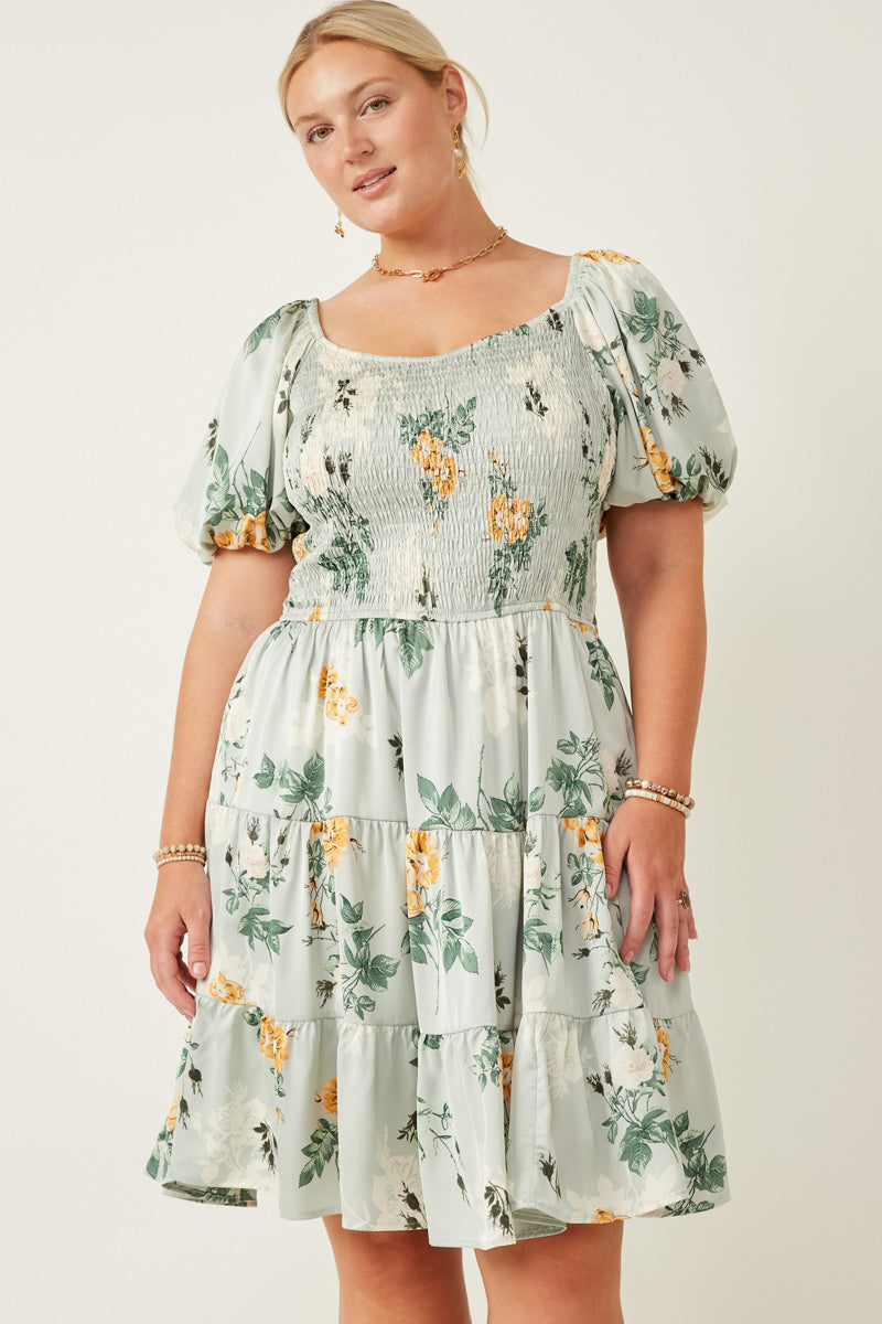 Women Romantic Floral Smocked Sheen Dress