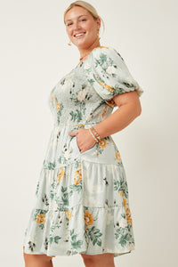 HY6934W Sage Womens Romantic Floral Smocked Sheen Dress Gif