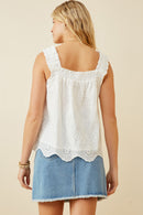 HY6935 OFF WHITE Women Ruffled Strap Floral Eyelet Scallop Tank Back