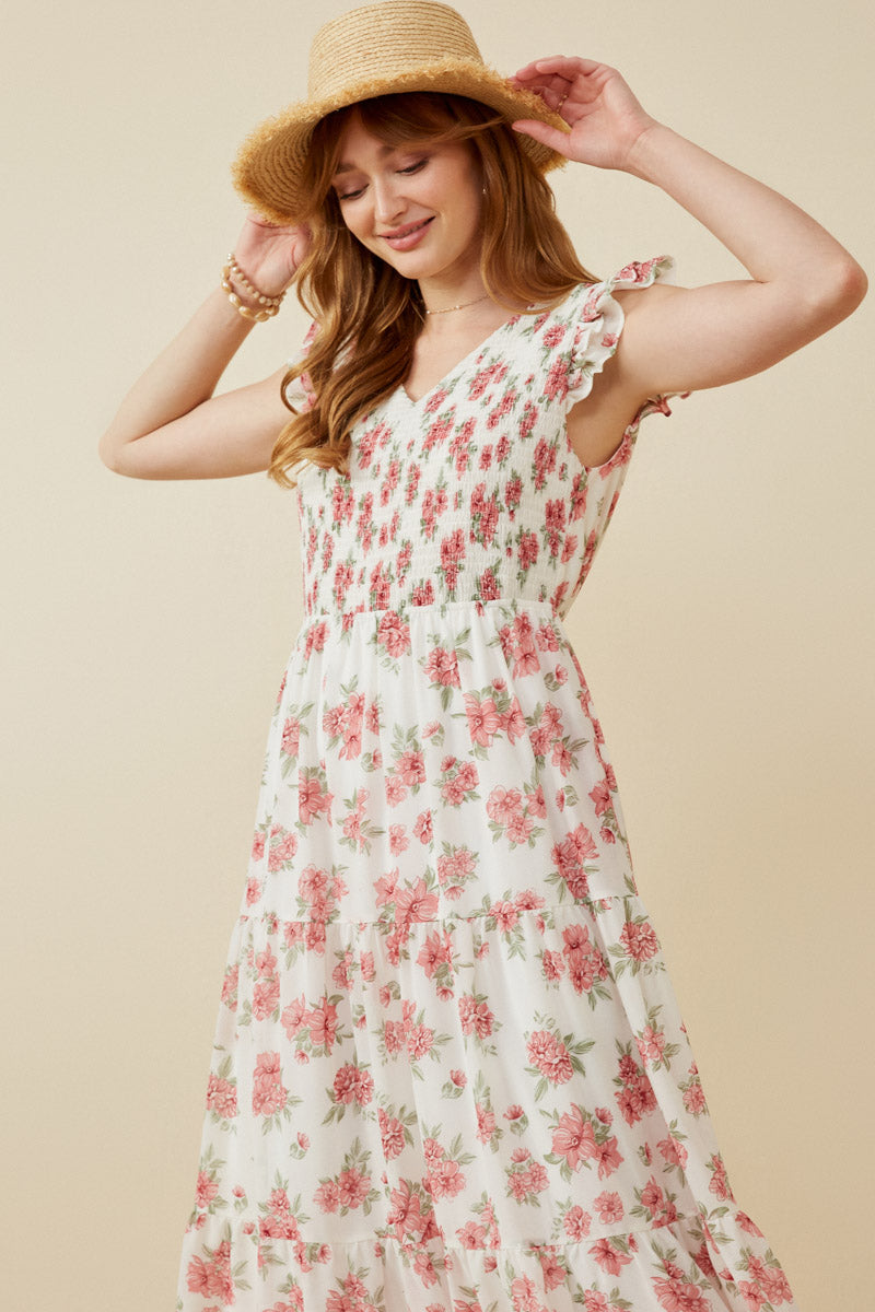 HY6938 Off White Womens Floral Chiffon Smocked Tank Dress Side