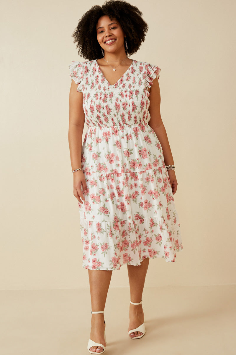 Floral Chiffon Smocked Tank Dress Off White / 1XL Off White Women's Dresses Tank Dresses Hayden Los Angeles