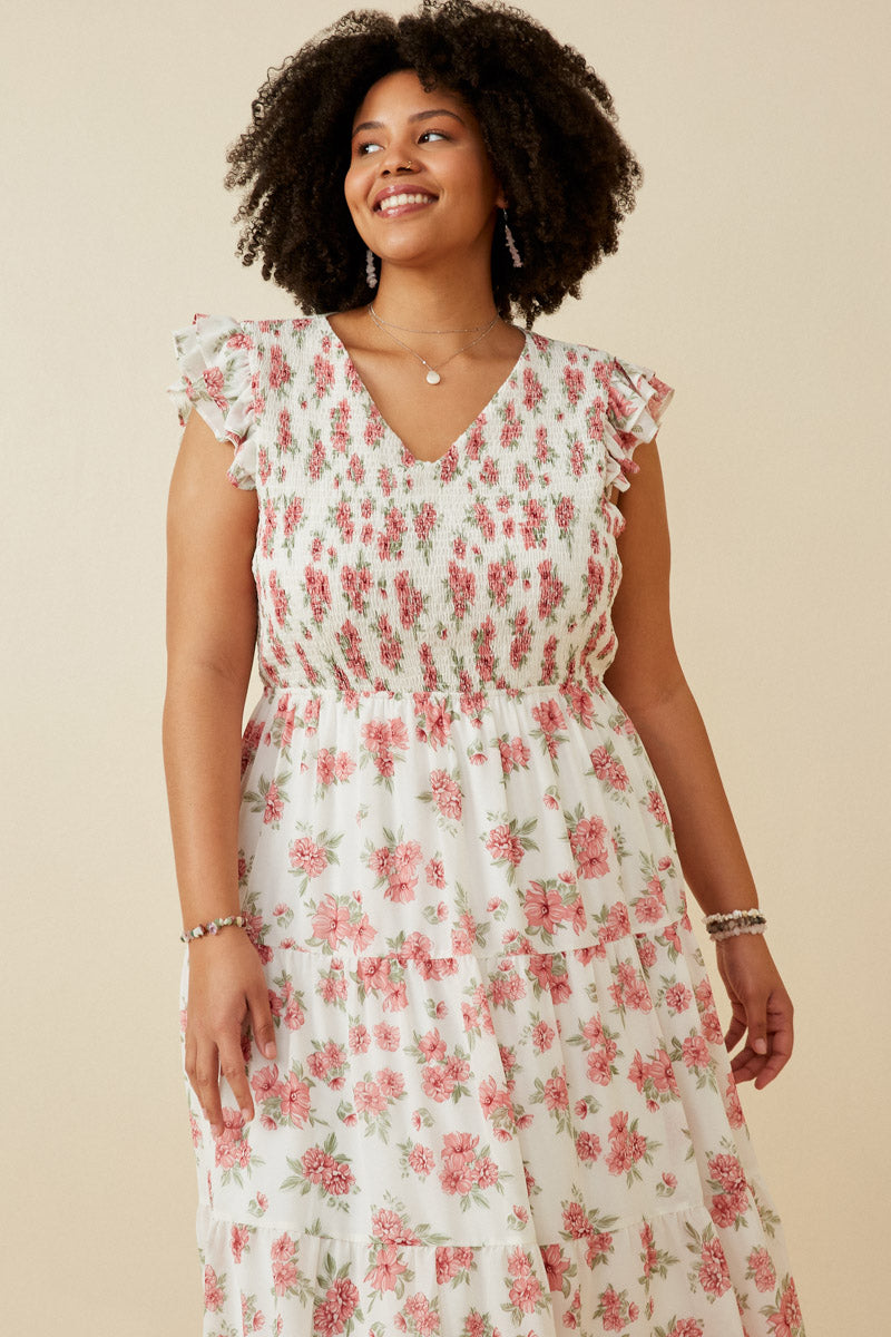Floral Chiffon Smocked Tank Dress Off White / 1XL Off White Women's Dresses Tank Dresses Hayden Los Angeles