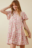 HY6939 PINK Womens Button Detail Textured Floral Dress Front