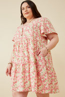 HY6939W PINK Plus Button Detail Textured Floral Dress Side