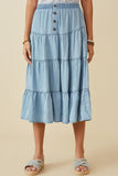 HY6950 LIGHT DENIM Womens Tiered Button Front Tencel Skirt Editorial