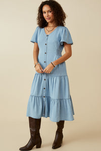 HY6951 Light Denim Plus Button Front Side Smocked Denim Tencel Dress Full Body