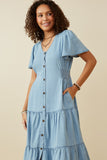 HY6951 LIGHT DENIM Womens Button Front Side Smocked Denim Tencel Dress Detail