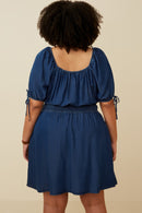 HY6955 DARK DENIM Womens Smocked Waist Tie Sleeve Denim Tencel Dress Pose