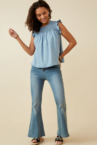 HY6958W Dark Denim Plus Ruffle Detailed Smocked Denim Tencel Tank Front