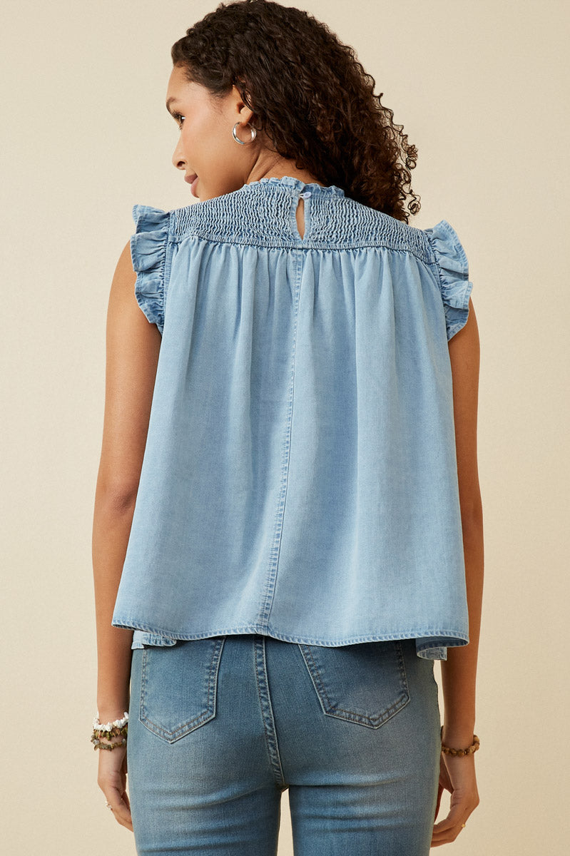 HY6958 DARK DENIM Womens Ruffle Detailed Smocked Denim Tencel Tank Side