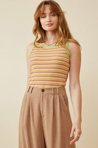 HY6960 SAGE MIX Womens Contrast Binding Striped Knit Ribbed Tank Front