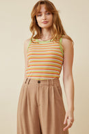 HY6960 SAGE MIX Womens Contrast Binding Striped Knit Ribbed Tank Front