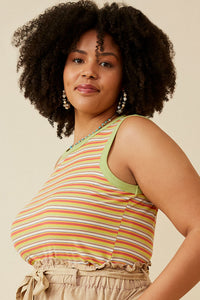 HY6960W Sage Mix Plus Contrast Binding Striped Knit Ribbed Tank Full Body