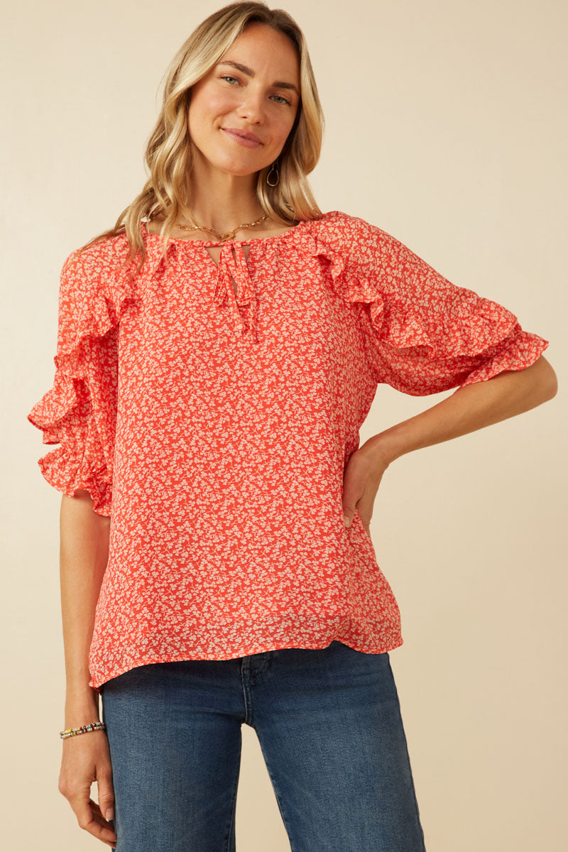 Ditsy Floral Ruffle Detail Tie Detail Top