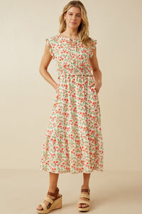 HY6978W Off White Plus Floral Ruffled Detail Smocked Waist Dress Full Body