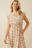 HY6978 Off White Womens Floral Ruffled Detail Smocked Waist Dress Front