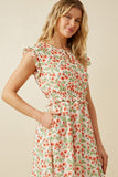 HY6978 Off White Womens Floral Ruffled Detail Smocked Waist Dress Side