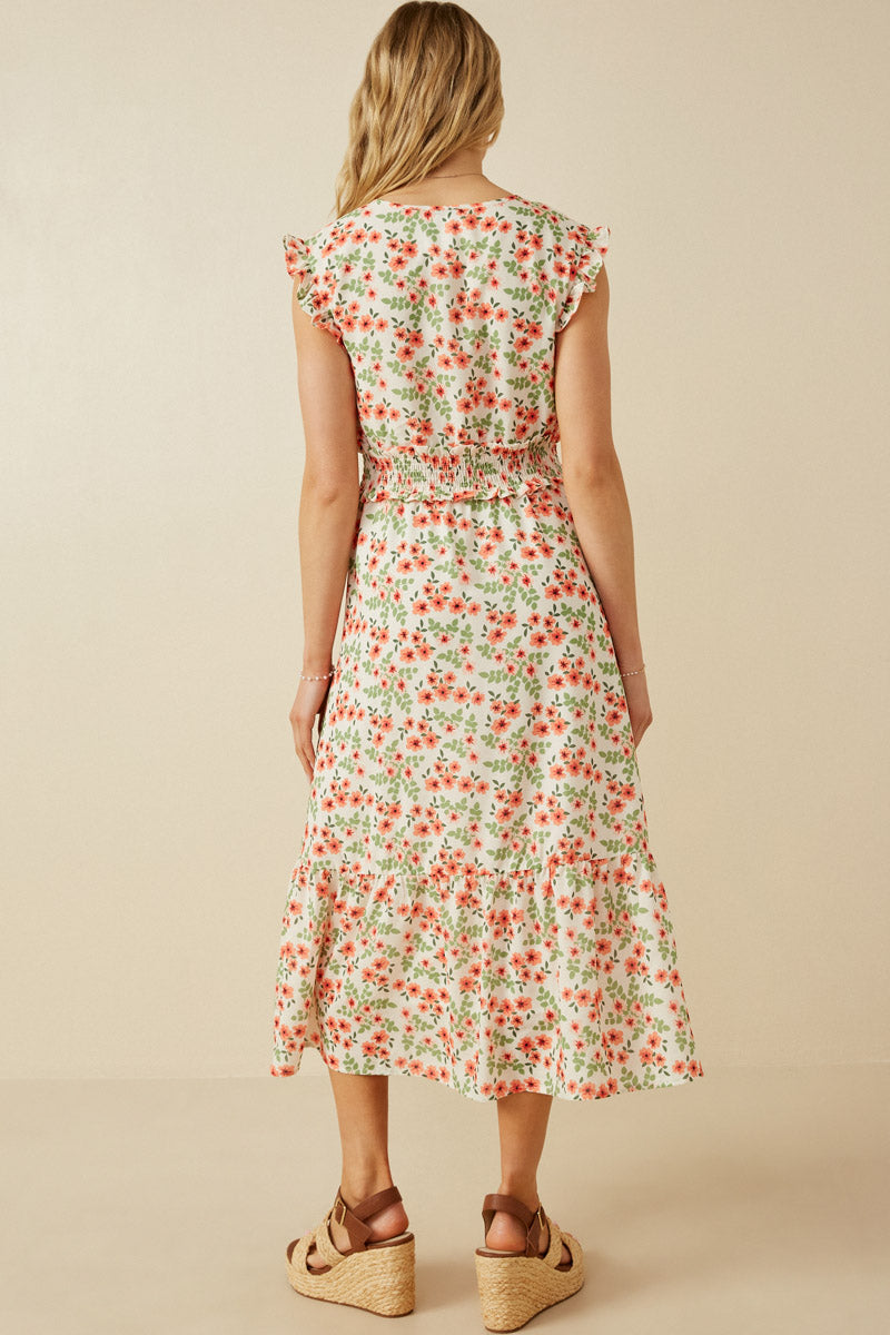 HY6978 Off White Womens Floral Ruffled Detail Smocked Waist Dress Back