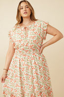 HY6978 Off White Womens Floral Ruffled Detail Smocked Waist Dress Gif