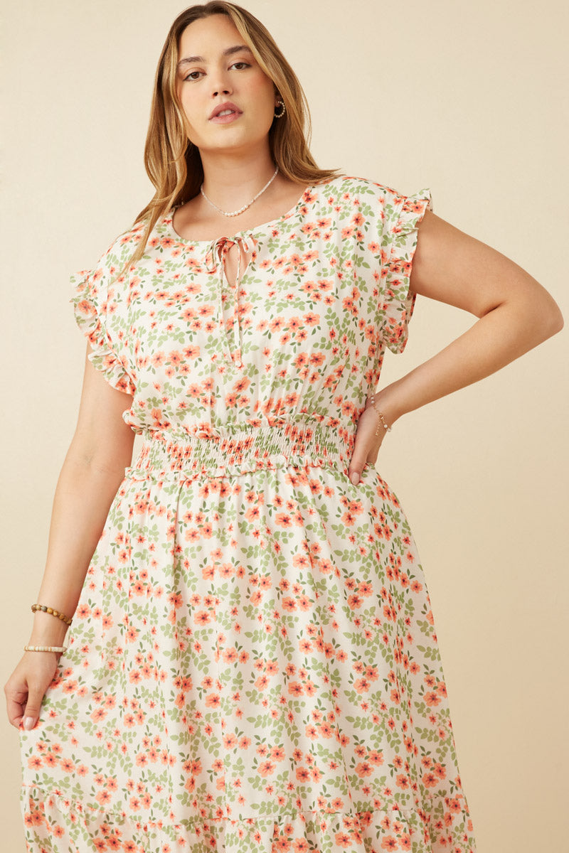 HY6978 Off White Womens Floral Ruffled Detail Smocked Waist Dress Gif