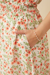 HY6978W Off White Plus Floral Ruffled Detail Smocked Waist Dress Front