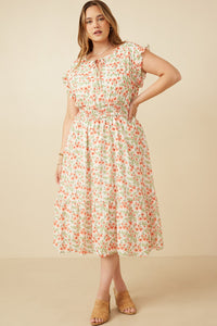HY6978W Off White Plus Floral Ruffled Detail Smocked Waist Dress Back