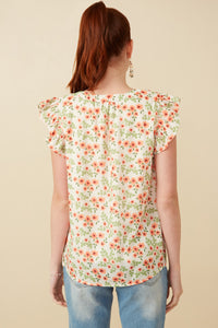HY6979 Off White Womens Floral Ruffled Sleeve Tank Detail