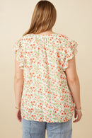 HY6979W Off White Plus Floral Ruffled Sleeve Tank Full Body