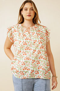 HY6979W Off White Plus Floral Ruffled Sleeve Tank Detail