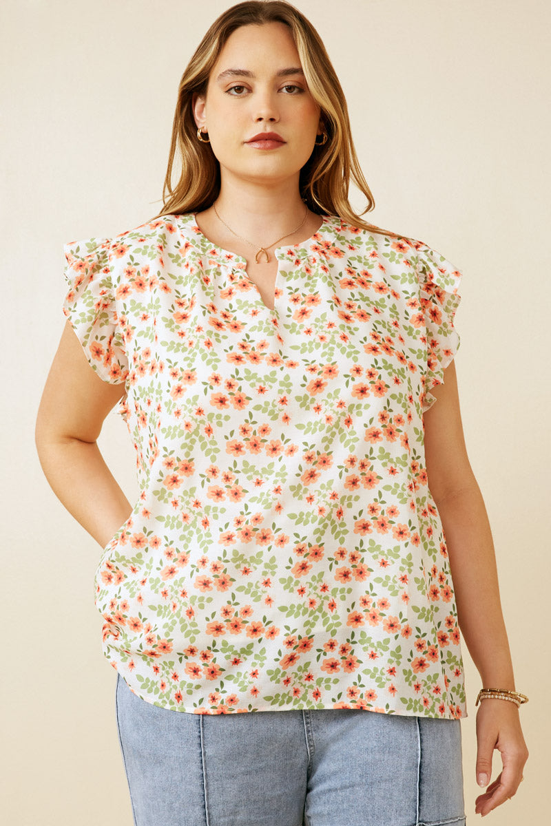 HY6979W Off White Plus Floral Ruffled Sleeve Tank Detail