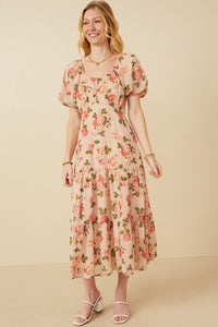 HY6982 Blush Womens Romantic Floral Button Detail Belted Dress Full Body