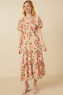 HY6982 Blush Womens Romantic Floral Button Detail Belted Dress Full Body
